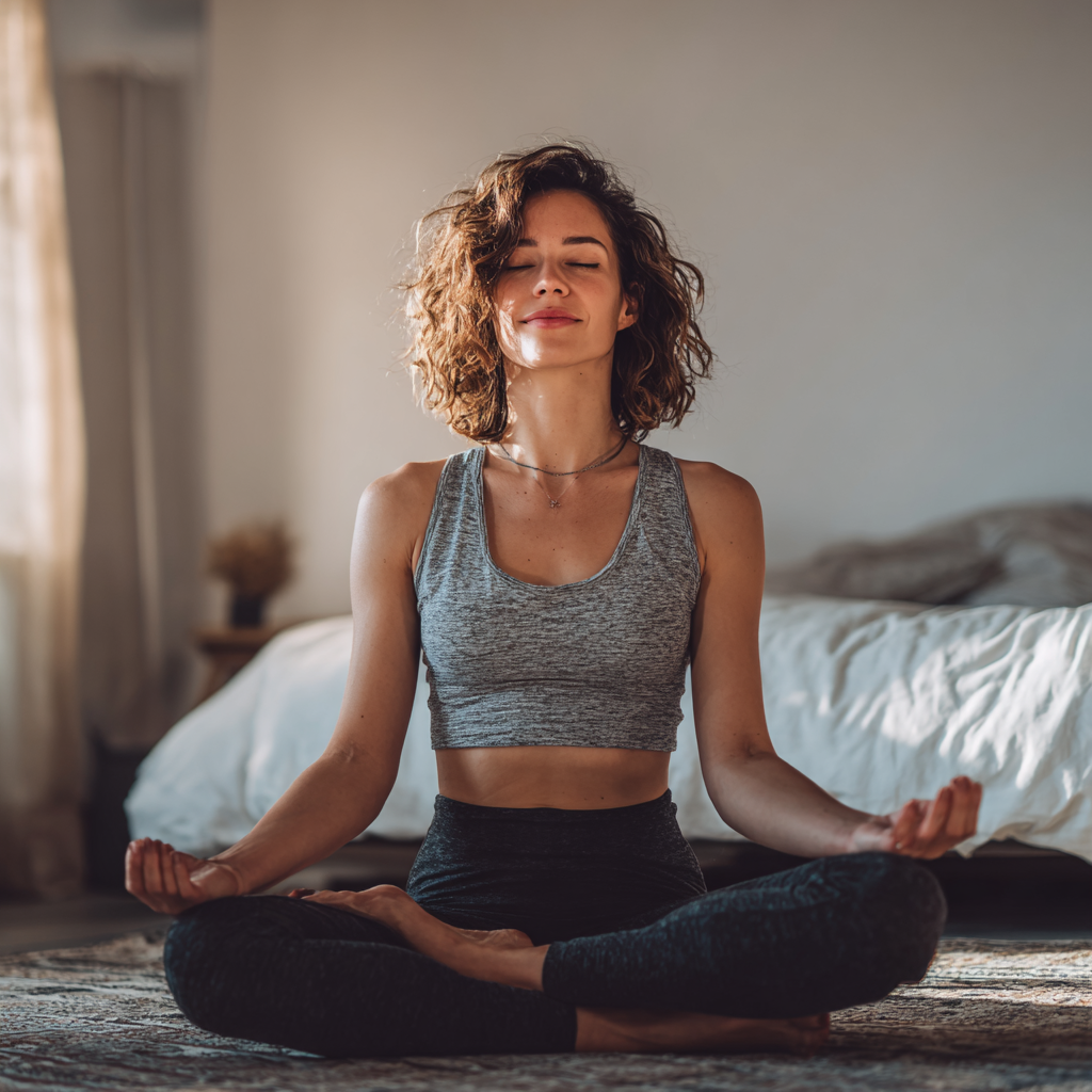 Femeie româncă zâmbitoare în poziție de yoga, demonstrând echilibru și pace interioară