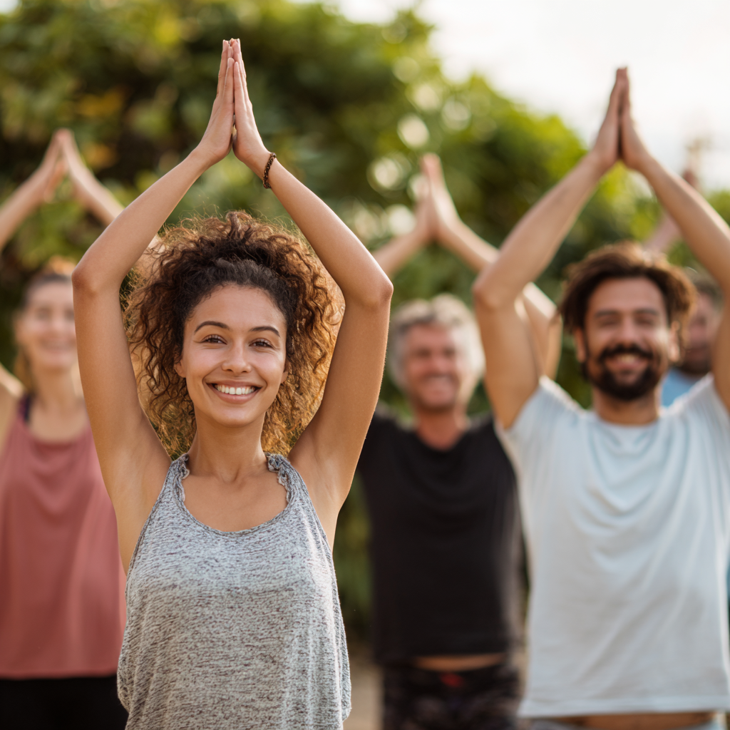Grup de adulți români zâmbitori practicând yoga în aer liber, demonstrând comunitate și bunăstare